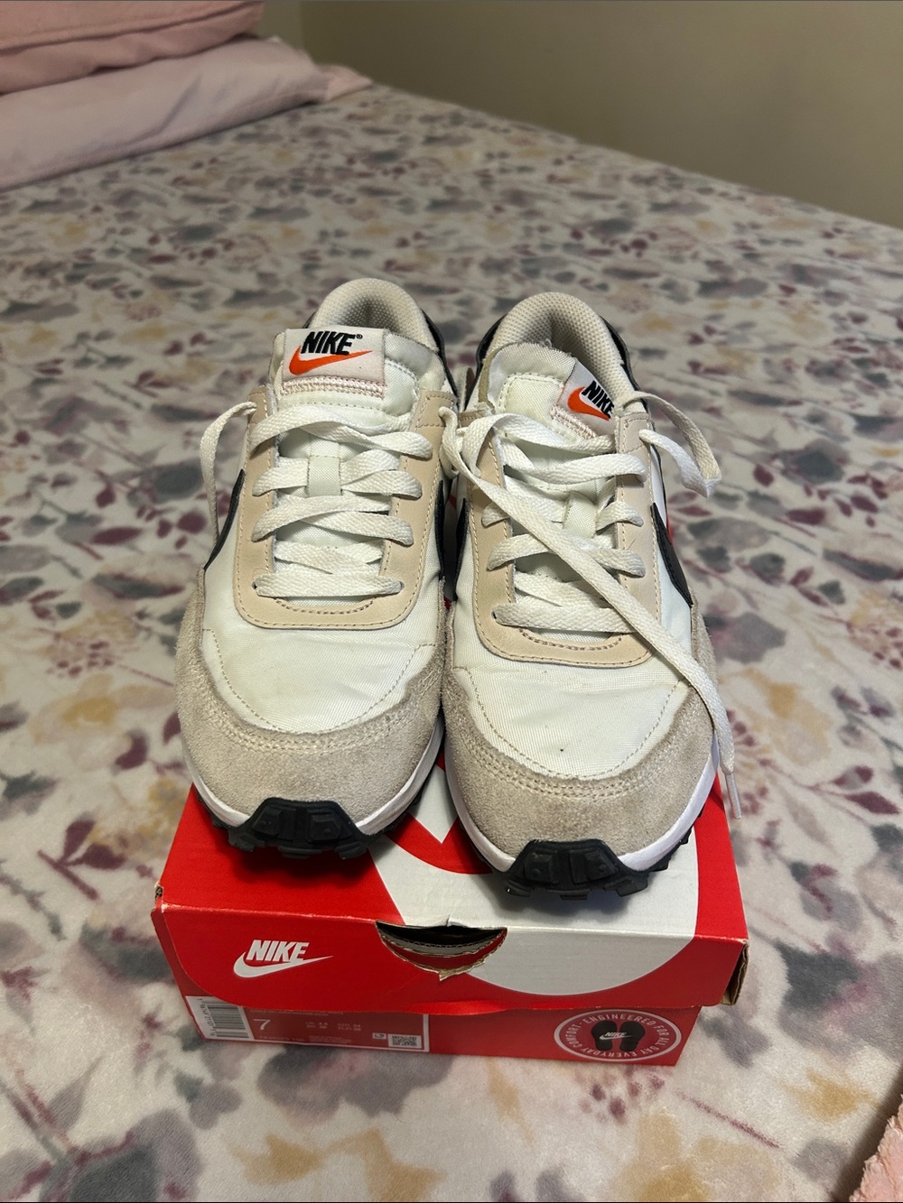 Nike White, Beige & Black Retro Runner Sneakers with Orange Logo